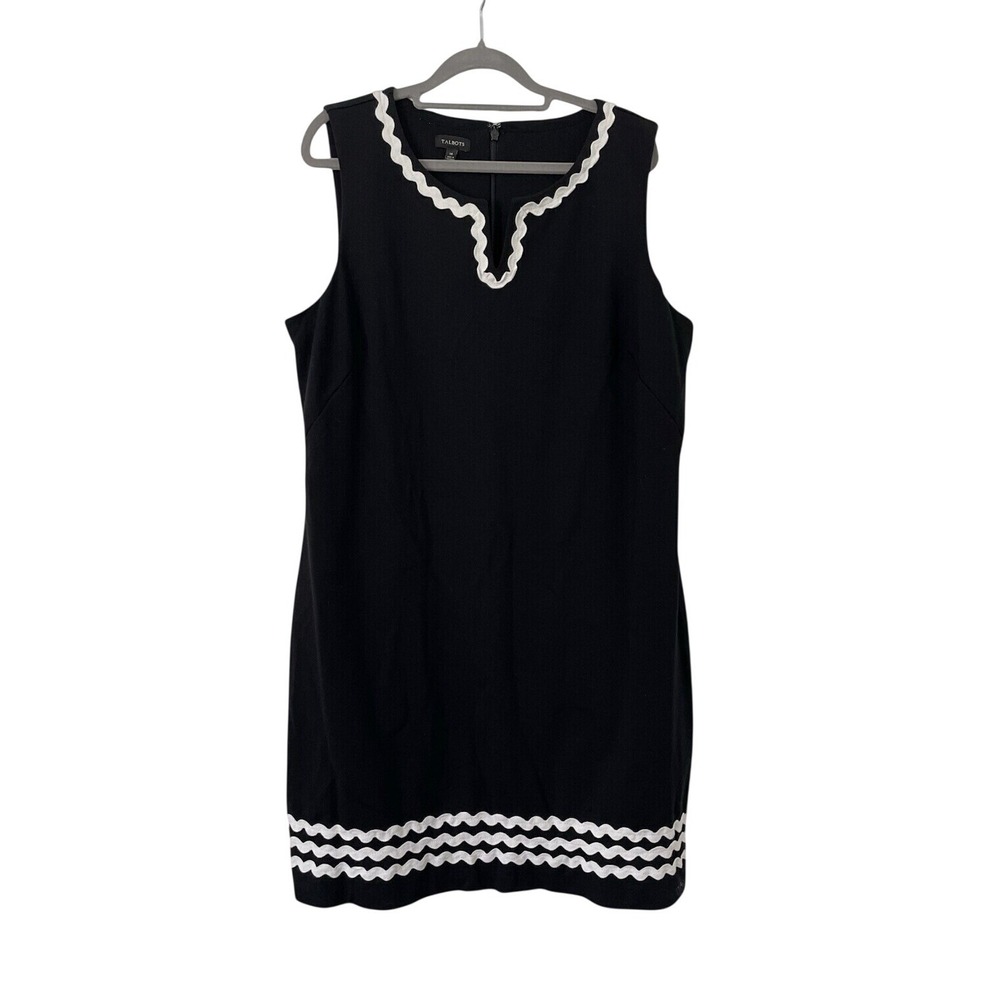 Talbots Womens 14 Black White Ricrac Knit Shift Dress V-Neck Sleeveless Knee LBD